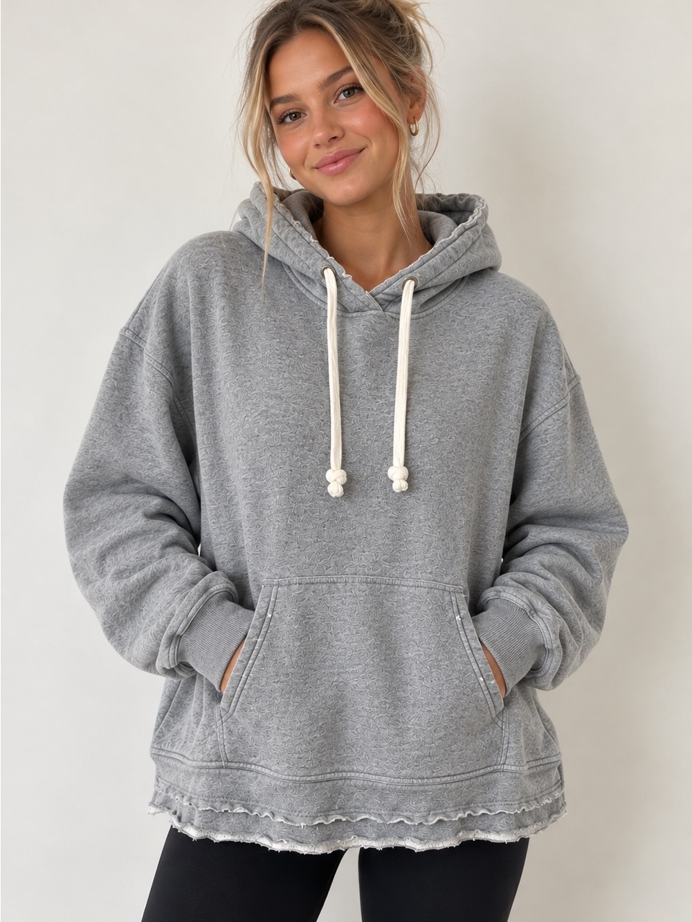 We The Free Free People Gray Hooded Sweatshirt Distressed Hem Large